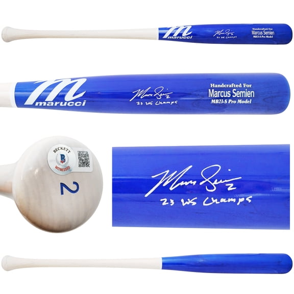 Marcus Semien Autographed Blue & White Marucci Player Model Baseball Bat Texas Rangers "23 WS Champs" Beckett BAS Witness 224398