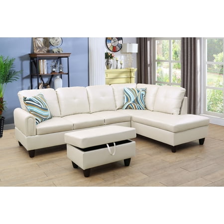 Mardelle 97" Wide Faux Leather 3 Pieces Right Facing Sofa Set With Ottoman
