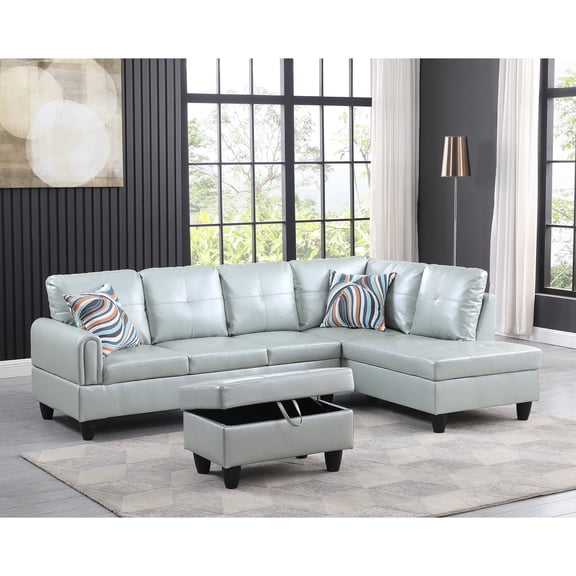 Mardelle 97" Wide Faux Leather 3 Pieces Right Facing Sofa Set With Ottoman