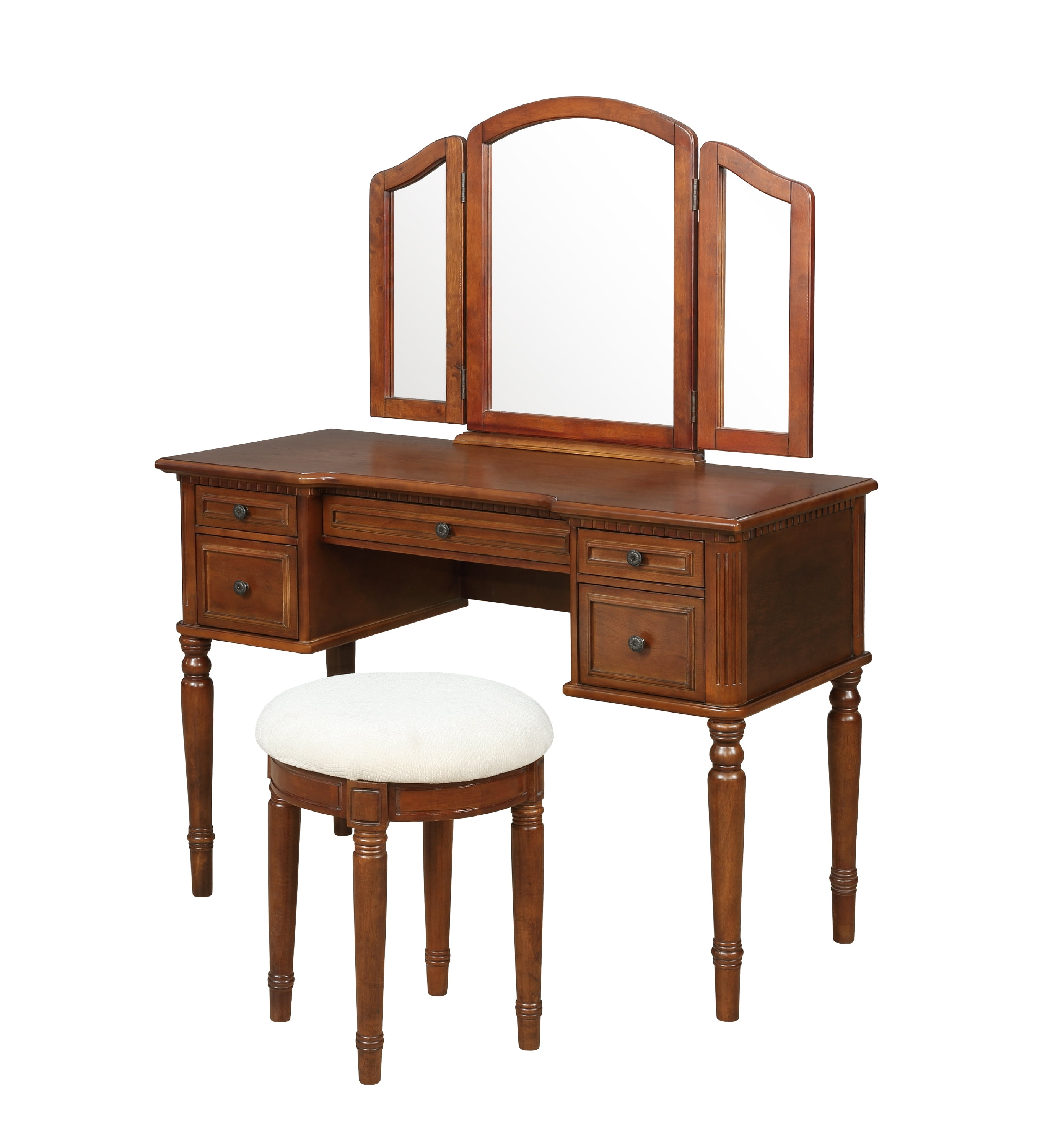Marden Vanity Table and Bench Set with TriFold Mirror, Lightly Distressed Warm Cherry Base with