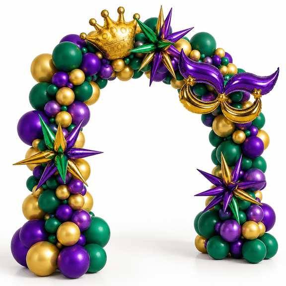 Mardi Balloon Garland Arch Kit 130double-stuffed Purple Green With Mylar Crown And Diy Mask Balloons For Gorgeofunny Grand Fat Tue