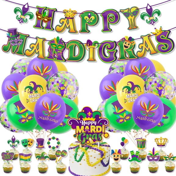 Mardi Gra Decorations, 39Pcs Mardi Gras Party Supplies, Happy Mardi Gras Banner Mardi Gras Themed Balloons, Cake Topper and Cupcake Toppers for New Orleans Mardi Gras Masquerade Party Decorations