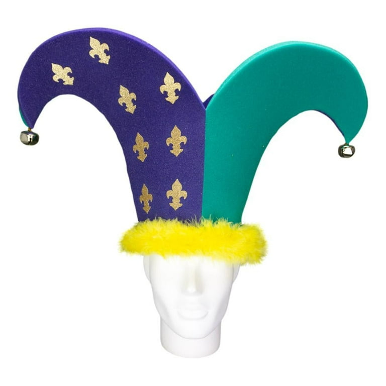 Mardi Gras jester hats and fleu de lis in purple, green and yellow printed  on 5/8 white single face satin ribbon, 10 yards