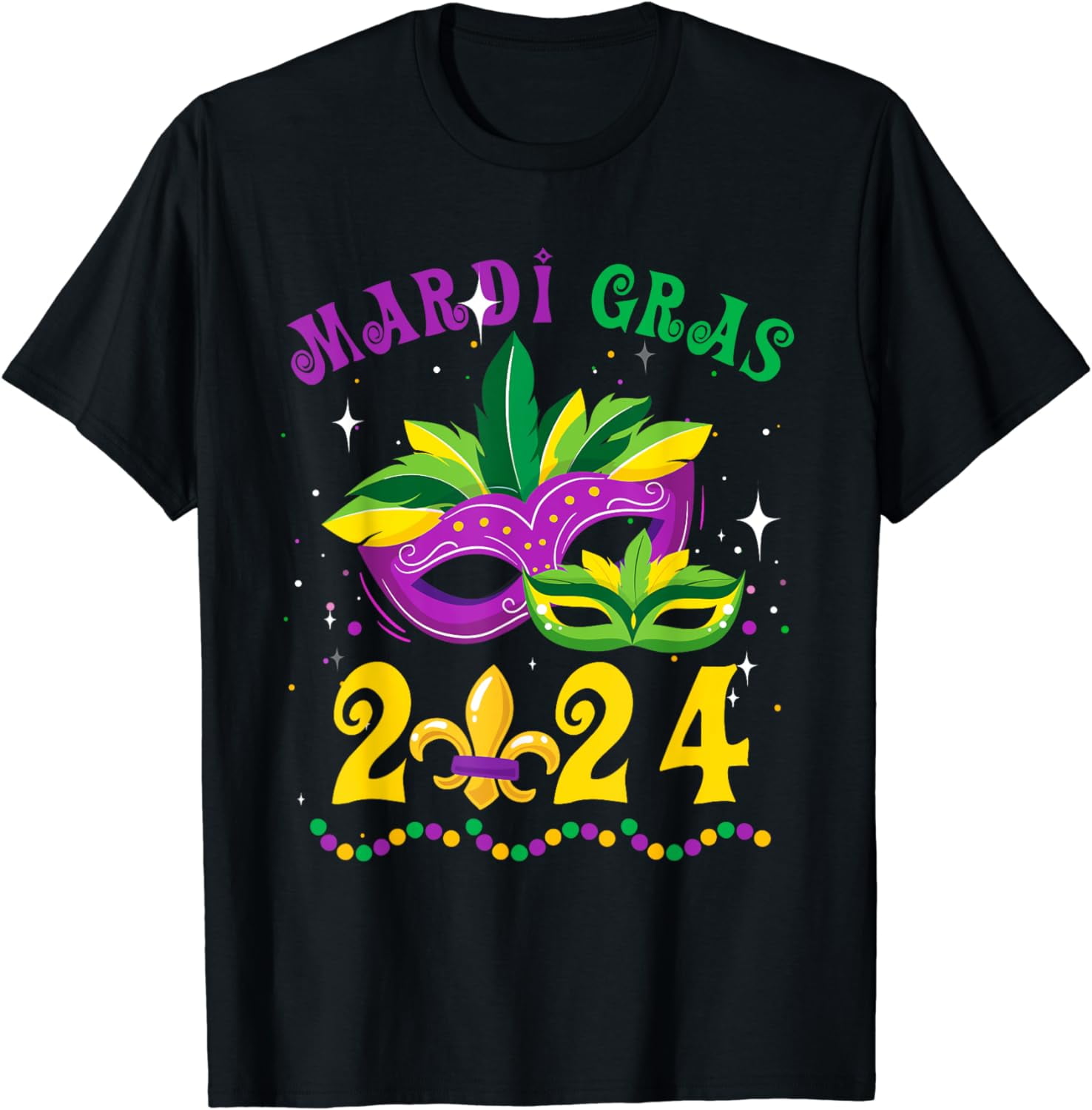 Mardi Gras 2024 Mask Fleur De Lys Beads NOLA Carnival Party T-Shirt ...