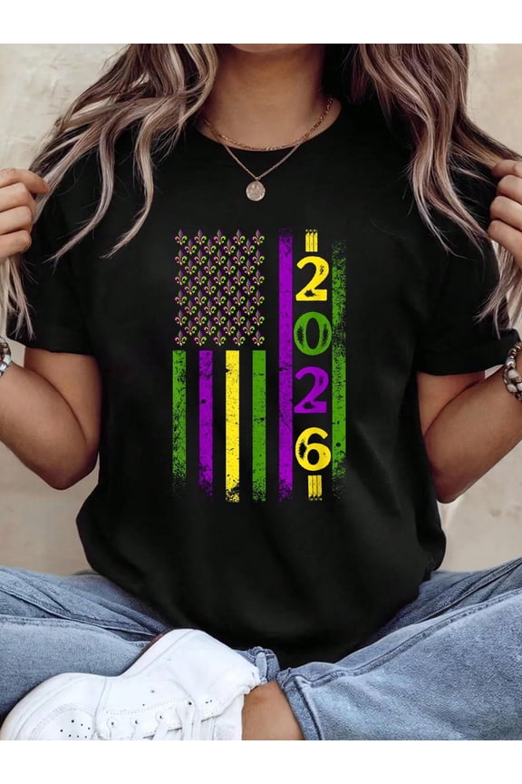 Mardi Gras 2026 Fleur-de-lis American Flag Style T-Shirt for Women, Purple Green Gold Festive Graphic Tee