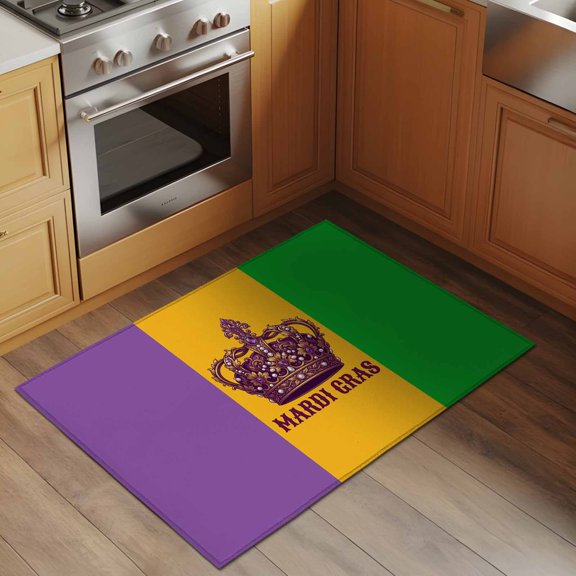 Mardi Gras 2x3 Rug for Entryway Front Door Kitchen Sink Area, Carnival Crown Purple Gold Green Low Pile Washable Non Slip Rectangle Area Rug