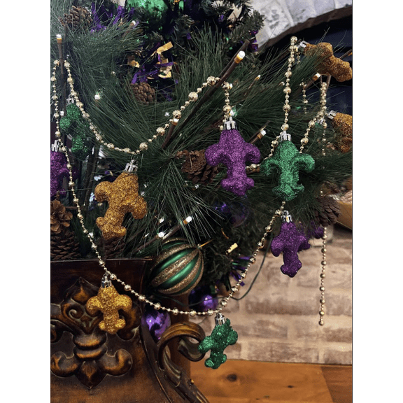 Mardi Gras 6 ft Fleur de Lis Garland Decor, Purple Green and Gold Fleur de Lis with Beads, New Orleans Holiday, Home Decor