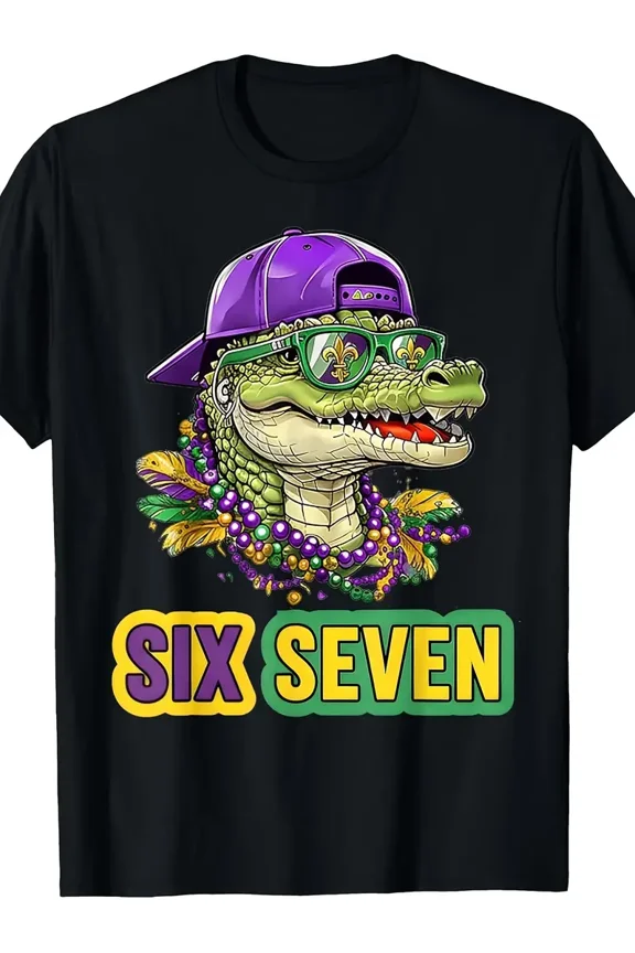 Mardi Gras Alligator Gator Six Seven Unisex Cotton Short Sleeve Graphic T-Shirt
