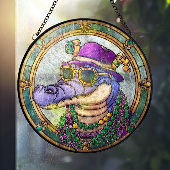 Mardi Gras Alligator Glass Suncatcher, Funny Gator With Beads Window Hanging New Orleans Carnival, 3.5 in