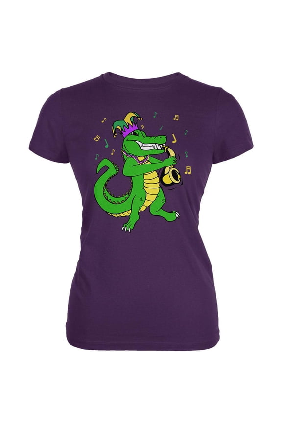 Mardi Gras Alligator Playing Saxaphone Jester Jazz Juniors Soft T Shirt Purple LG