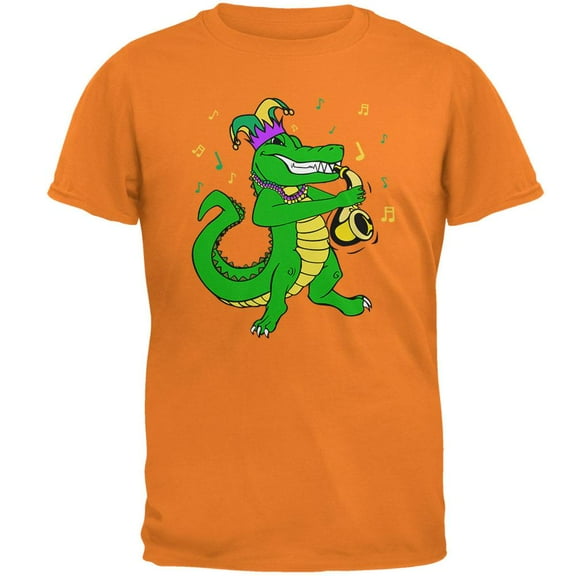 Mardi Gras Alligator Playing Saxaphone Jester Jazz Mens T Shirt Orange SM