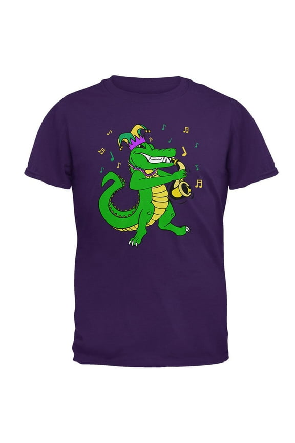 Mardi Gras Alligator Playing Saxaphone Jester Jazz Mens T Shirt Purple MD