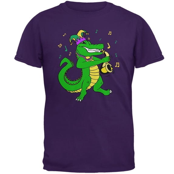 Mardi Gras Alligator Playing Saxaphone Jester Jazz Mens T Shirt Purple X-LG