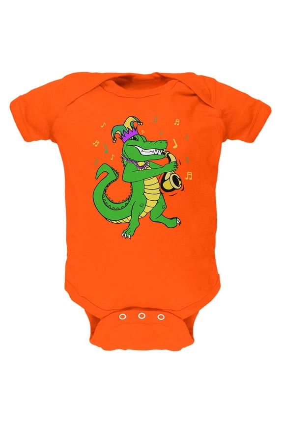 Mardi Gras Alligator Playing Saxaphone Jester Jazz Soft Baby One Piece Orange 3-6 M