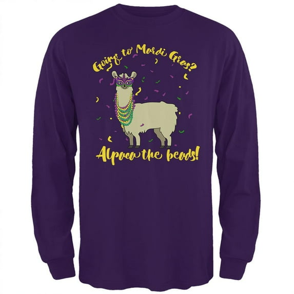 Mardi Gras Alpaca Funny Pun Mens Long Sleeve T Shirt Purple MD