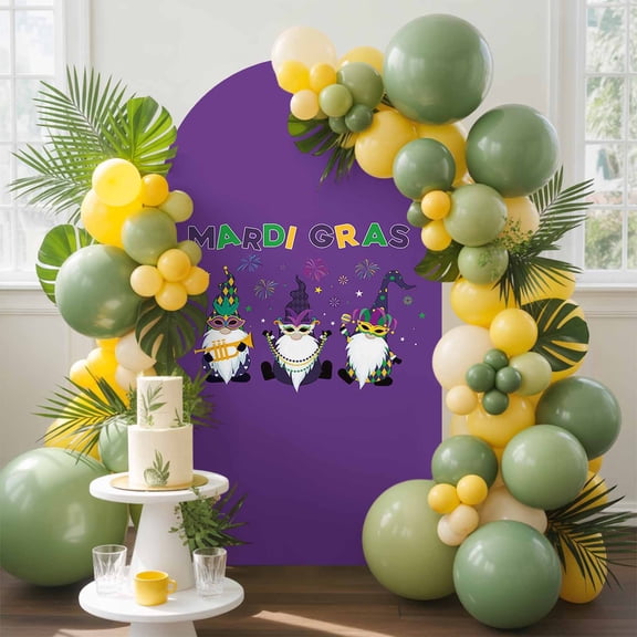 Mardi Gras Arch Backdrop Cover, 5FT, Carnival Gnome Mask Deep Purple Theme Spandex Arch Covers Double-Sided Backdrop for Wedding Birthday Party Photo Background Decoration