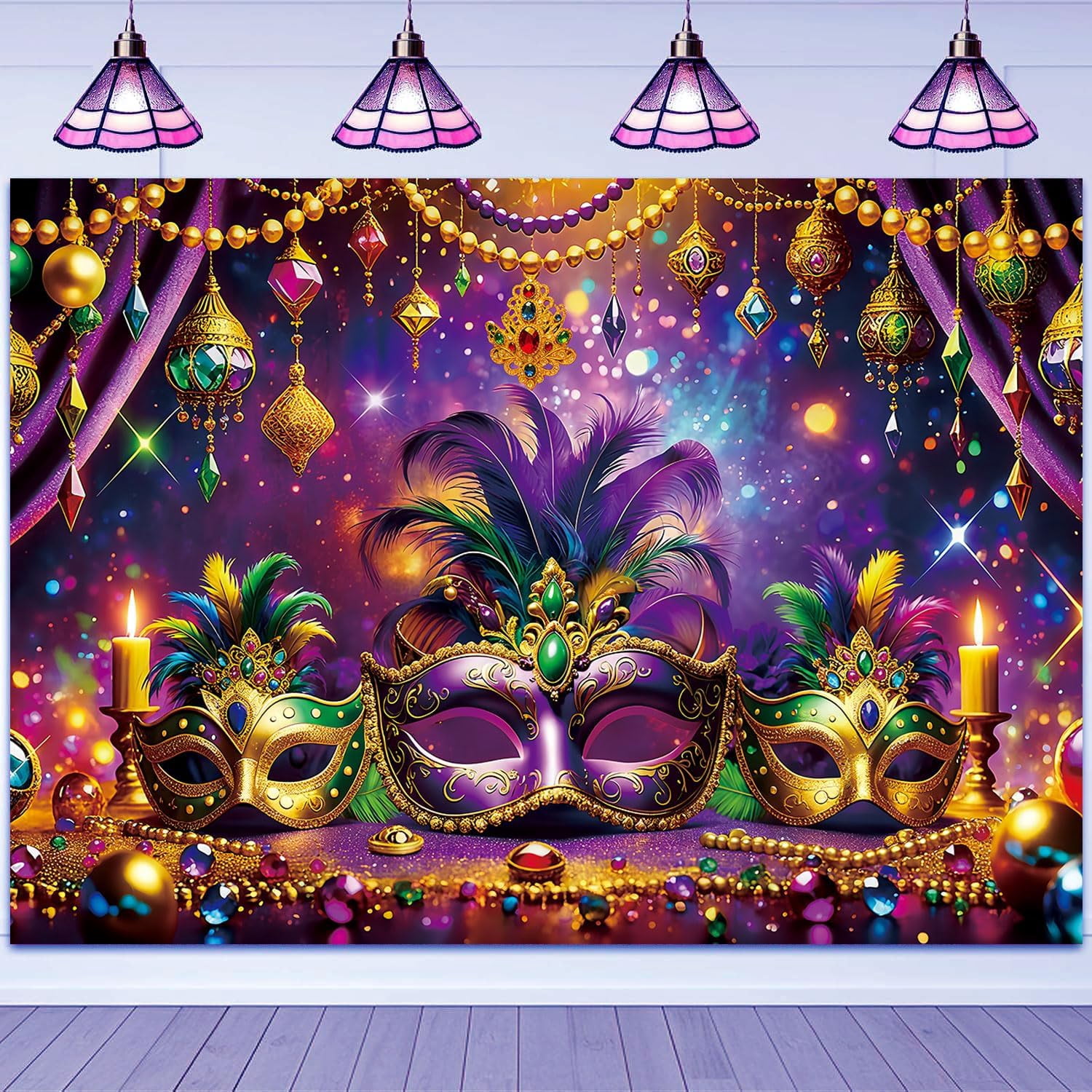 Mardi Gras Backdrop Purple Gold Mask Dancing Party Photography