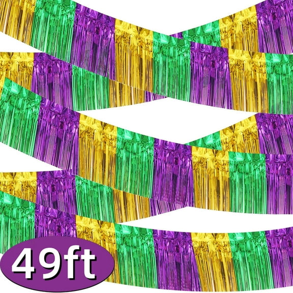 Mardi Gras Banners Party Decorations Purple Green Gold Metallic Tinsel Streamers Fringe Backdrop Banner Mardi Gras Accessories for Parade Floats Party Supplies 49.2ft Design2