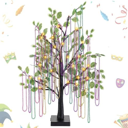 Mardi Gras Bead Tree Decor 23.6 Inch Lighted Tabletop Birch Tree with 20 Mardi Gras Beads Purple Gold Green for Fireplace Mantel Table Centerpiece Carnival Events Party Decoration