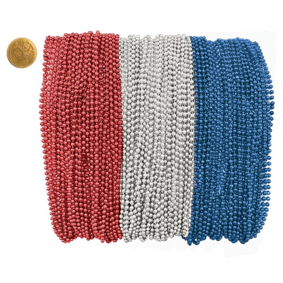 Mardi Gras Beads 33 inch 7mm, 12 Dozen, 144 Pieces, Red, Silver and Blue Patriotic Necklaces with Doubloon