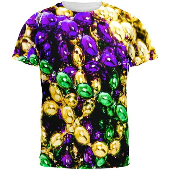 Mardi Gras Beads All Over Adult T-Shirt - X-Large