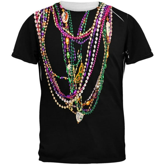 Mardi Gras Beads Black All Over Adult T-Shirt - X-Large