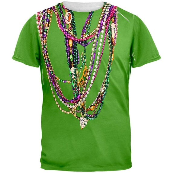 Mardi Gras Beads Green All Over Adult T-Shirt - Small