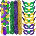 thumbnail image 1 of Mardi Gras Beads Necklaces Mask Coins Party Favors Set, 124pcs Mardi Gras Accessories Decorations Bulk for Kids Women Men Parades Carnival Games Toy Masquerade Party Decor Supplies, 1 of 6
