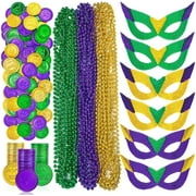 Mardi Gras Beads Necklaces Mask Coins Party Favors Set, 124pcs Mardi Gras Accessories Decorations Bulk for Kids Women Men Parades Carnival Games Toy Masquerade Party Decor Supplies