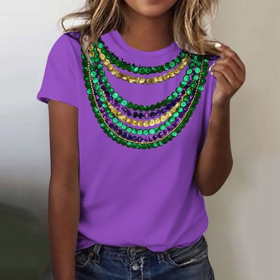 Mardi Gras Beads Necklaces Printed Womens T-Shirt (Purple L)