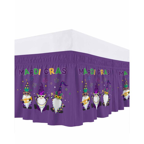 Mardi Gras Bed Skirt California King Size 18" Drop Carnival Gnome Mask Deep Purple Theme Ruffled Wrap Around Bed Skirts Adjustable Elastic Bedskirt Dust Ruffle for California King Size Bed