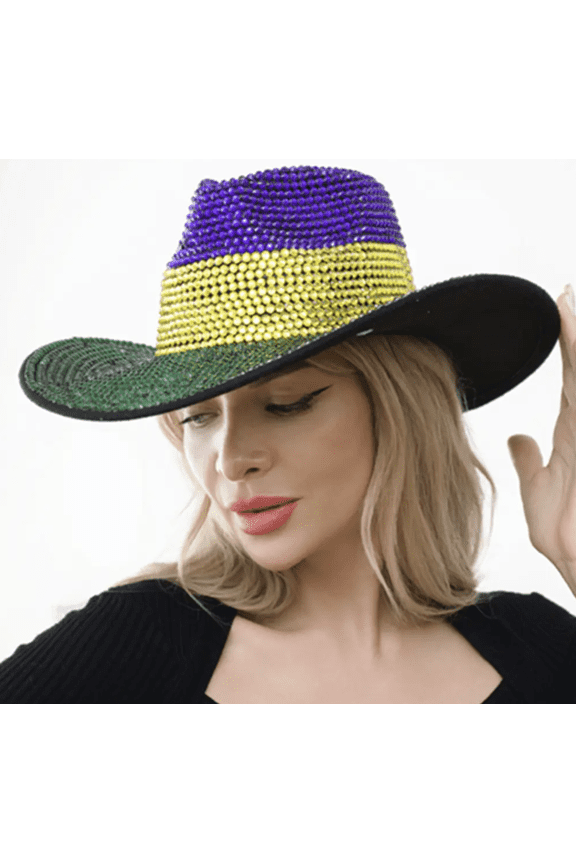 Mardi Gras Bedazzled Striped Hat, Bling Studded Mardi Gras Western Cowboy Hat