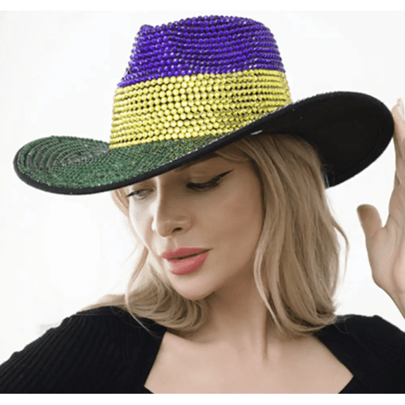 Mardi Gras Bedazzled Striped Hat, Bling Studded Mardi Gras Western Cowboy Hat