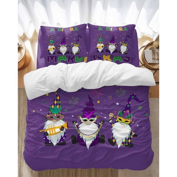 Mardi Gras Bedding Duvet Cover Set Twin Size 4 Pieces Carnival Gnome Mask Deep Purple Theme Bedding Set with Zipper Closure, 1 Comforter Cover 68x86 Inches 1 Flat Sheet & 2 Pillow Cases