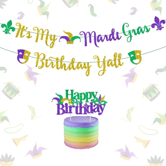 Mardi Gras Birthday Decorations It's My Mardi Gras Birthday Y'all Banner Happy Birthday Cake Topper Fleur De Lis Shrove Fat Tuesday New Orleans Carnival Masquerade Theme Party supplies