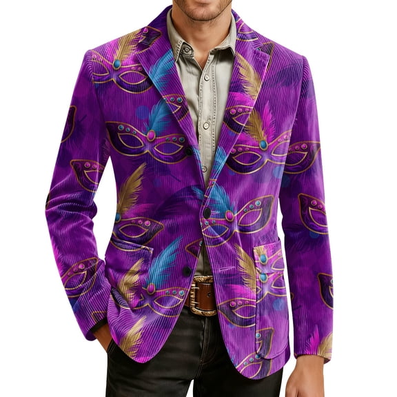 Mardi Gras Blazer for Men Corduroy Jacket Two Button Sport Coat Carnival Themed Pattern Suit Jackets for Dinner Prom Party