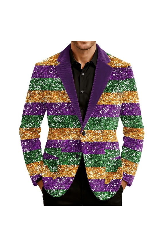 Mardi Gras Blazer for Men Lightweight Corduroy Carnival Themed Pattern Two Button Parada Party Slim Fit Jacket with Pockets