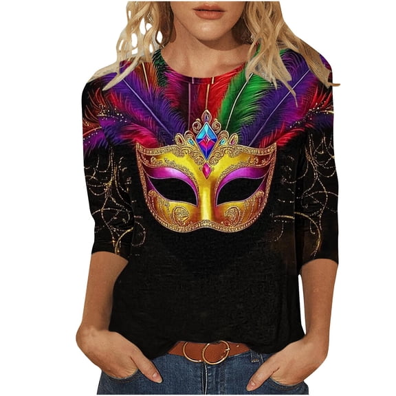 Mardi Gras Blouses for Women 3/4 Length Sleeve Tops Carnival Parade Street Shirts Fat Tuesday Three Quarter Sleeve Tees Mask Graphic Funny Top Holiday Outfits Women