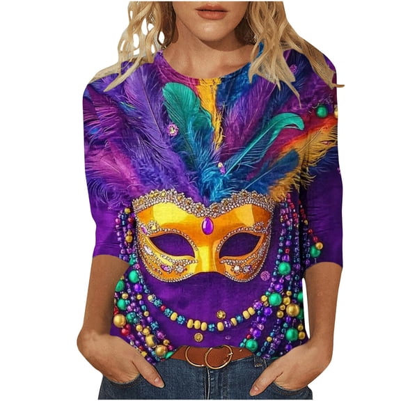 Mardi Gras Blouses for Women 3/4 Length Sleeve Tops Carnival Parade Street Shirts Fat Tuesday Three Quarter Sleeve Tees Mask Graphic Funny Top Holiday Outfits Women