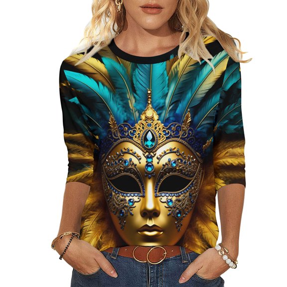Mardi Gras Blouses for Women 3/4 Length Sleeve Tops Carnival Parade Street Shirts Fat Tuesday Three Quarter Sleeve Tees Mask Graphic Funny Top Shirt Funny Holiday Clothes