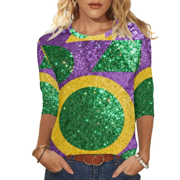 Mardi Gras Blouses for Women 3/4 Length Sleeve Tops Carnival Parade Street Shirts Fat Tuesday Three Quarter Sleeve Tees Mask Graphic Funny Top Shirt Funny Holiday Clothes