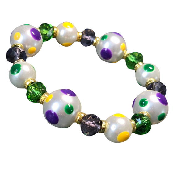 Mardi Gras Bracelet for Women, Green Purple Gold Polka Dot Glass Beaded Jewelry, Birthday Christmas Gift Idea, 1 pc