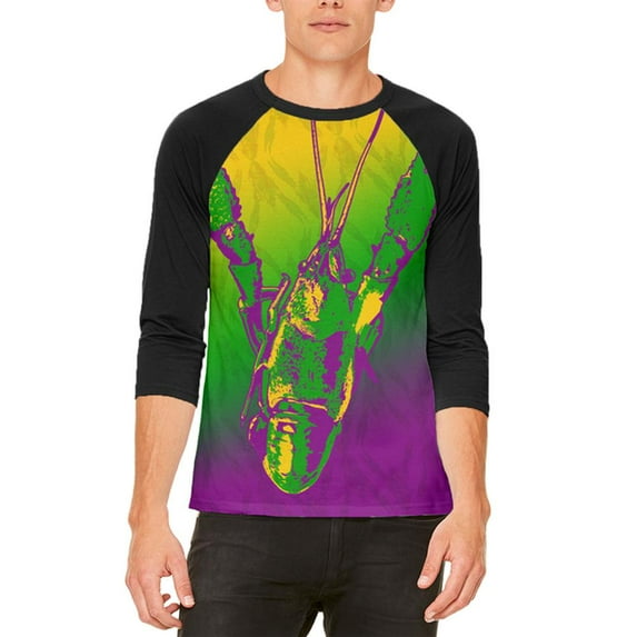 Mardi Gras Cajun Crawfish Mens Raglan T Shirt White-Black X-LG