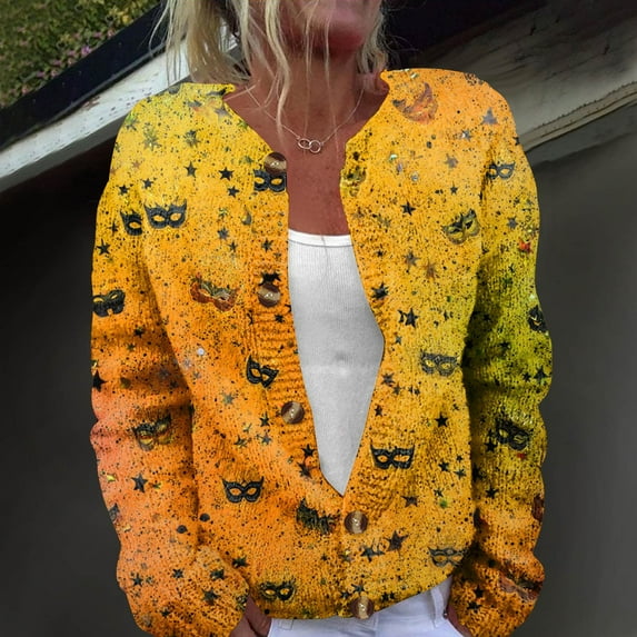 Mardi Gras Cardigan Sweaters for Women Mask Feather Pattern Sweater Lightweight Loose Button Up Knit Tops