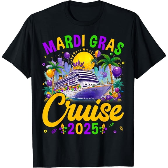 Mardi Gras Carnival Cruise 2025 Family Cruising Mask T-ShirtMen's and women's gift, black and white T-shirt, size: Extra large S-4XL