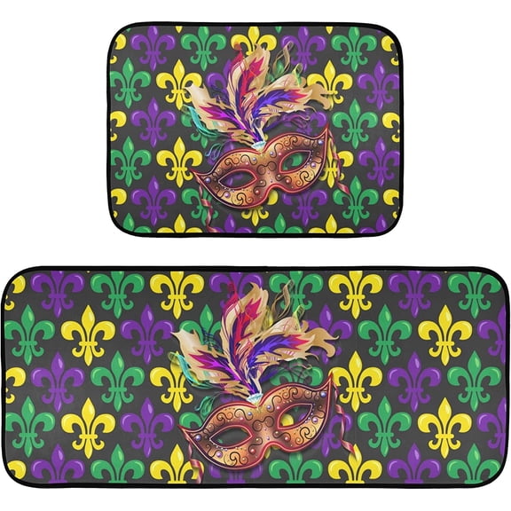 Mardi Gras Carnival Kitchen Rugs and Mat 2 Pieces Set Cushioned Anti Fatigue Kitchen Mat Non Slip Doormat Runner Carpet Washable Farmhouse Decor for Sink Table Fridge Fall