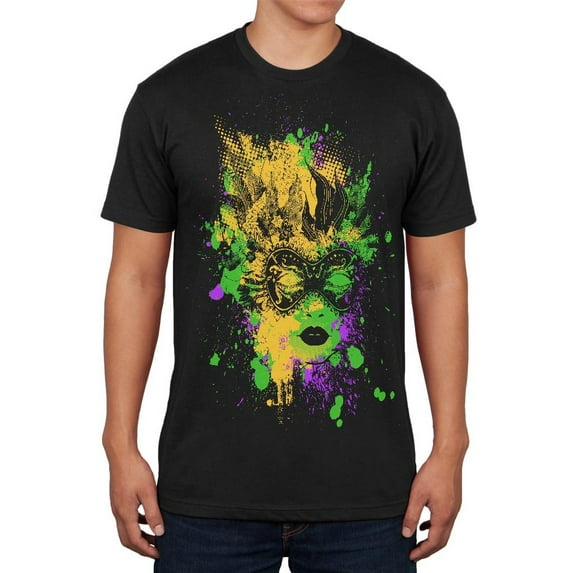 Mardi Gras Carnival Mask Splatter Black Adult Soft T-Shirt - Medium