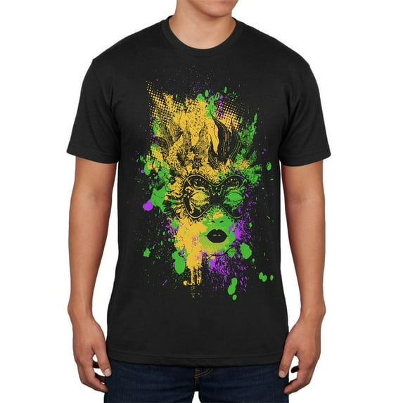 Mardi Gras Carnival Mask Splatter Black Adult Soft T-Shirt - X-Large