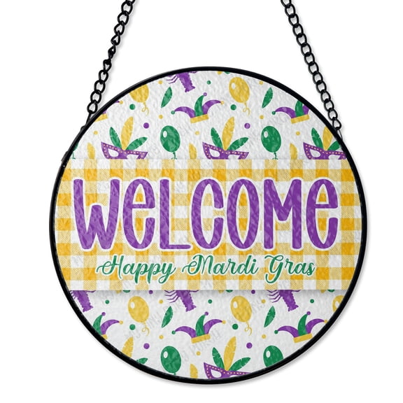 Mardi Gras Carnival Mask Stained Glass Suncatcher UV Printed Glass, Fat Tuesday Party Decor, Round