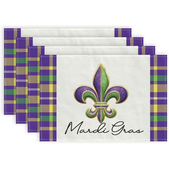 Mardi Gras Carnival Placemats 12X18 Inches Set of 4, Fleur De Lis Seasonal Farmhouse Burlap Indoor Kitchen Dining Table Mats Decorations for Home Party